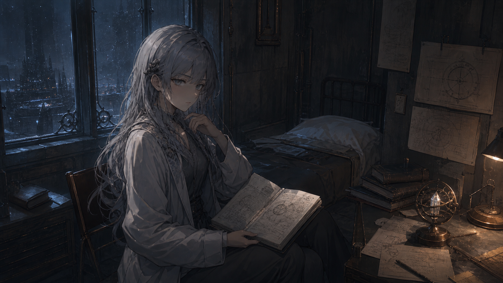 Investigadora de cabello claro leyendo en una habitacion oscura.