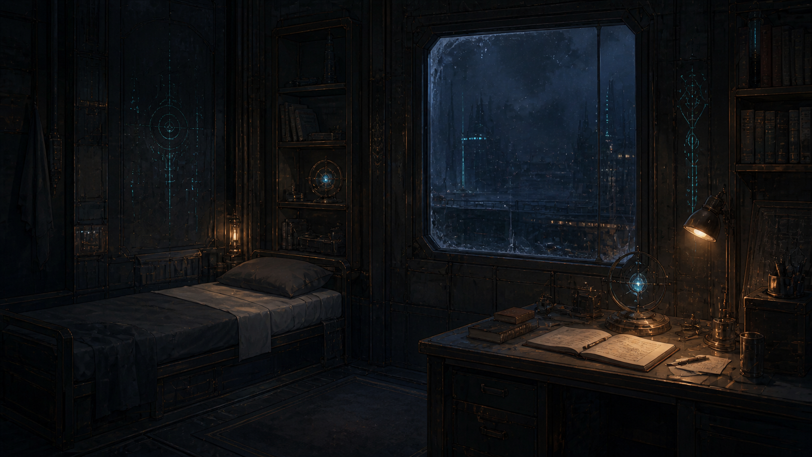 Habitacion fria con cama, escritorio y ventana hacia una ciudad oscura.
